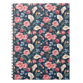Romantisch Navyblauw Bloemmotief Notitieboek