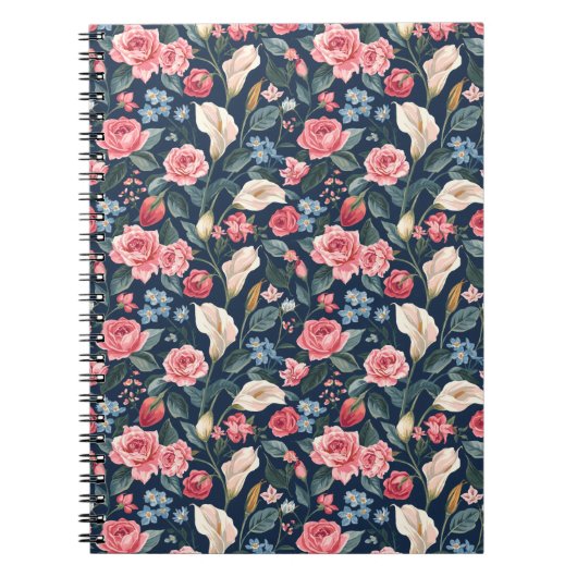 Romantisch Navyblauw Bloemmotief Notitieboek (Voorkant)