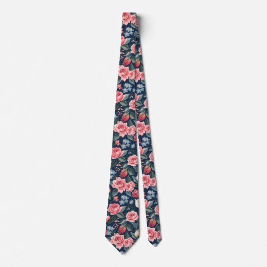 Romantisch Navyblauw Bloemmotief Stropdas (Voorkant)
