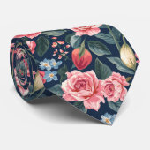 Romantisch Navyblauw Bloemmotief Stropdas (Opgerold)