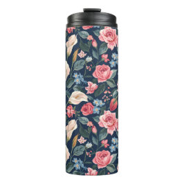 Romantisch Navyblauw Bloemmotief Thermosbeker