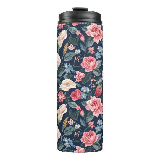 Romantisch Navyblauw Bloemmotief Thermosbeker (Voorkant)