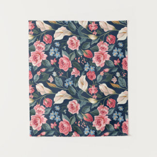 Romantisch Navyblauw Bloemmotief Wandkleed