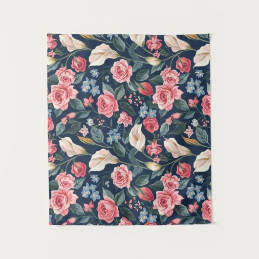 Romantisch Navyblauw Bloemmotief Wandkleed (Voorkant)