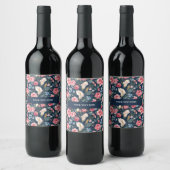 Romantisch Navyblauw Bloemmotief Wijn Etiket (Flessen)