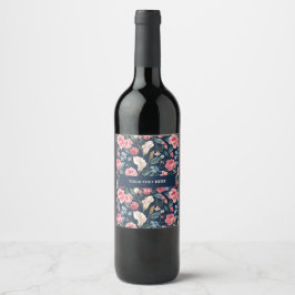 Romantisch Navyblauw Bloemmotief Wijn Etiket