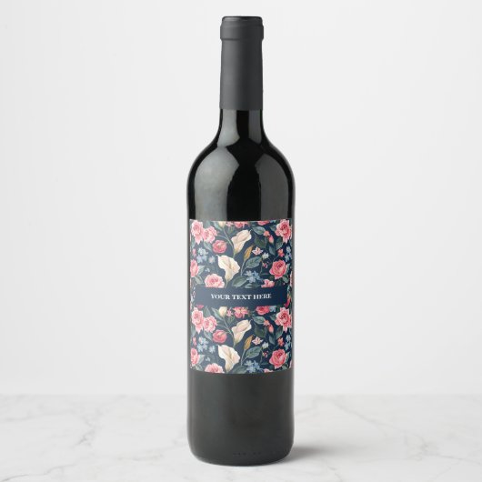 Romantisch Navyblauw Bloemmotief Wijn Etiket (Voorkant)