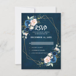 Romantisch Navyblauw Roze Bloem Geometrisch RSVP Kaartje