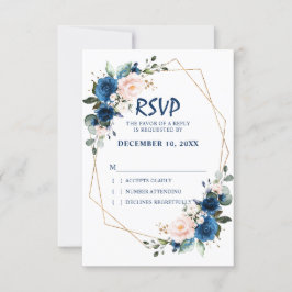 Romantisch Navyblauw Roze Bloemmotief Geometrisch RSVP Kaartje