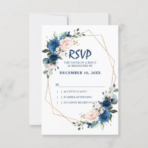 Romantisch Navyblauw Roze Bloemmotief Geometrisch RSVP Kaartje