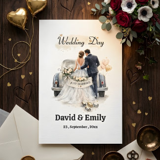 Romantisch "Net Getrouwd" Paar & Oude Auto Kaart