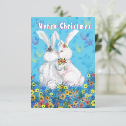 Romantisch paar Bunny Christmas Kaart (Staand voorkant)