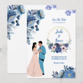 Romantisch Paar Dancing Design Blauw Bloemen Bruil Kaart (Voorkant / Achterkant)