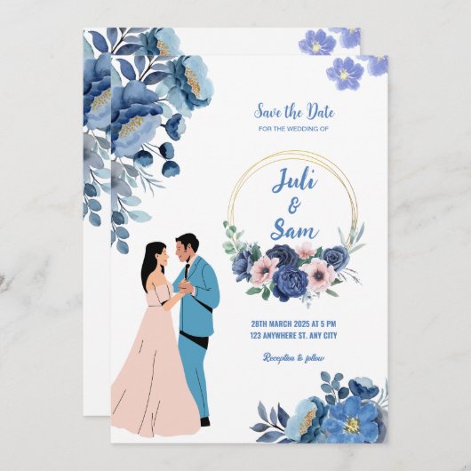 Romantisch Paar Dancing Design Blauw Bloemen Bruil Kaart (Voorkant / Achterkant)