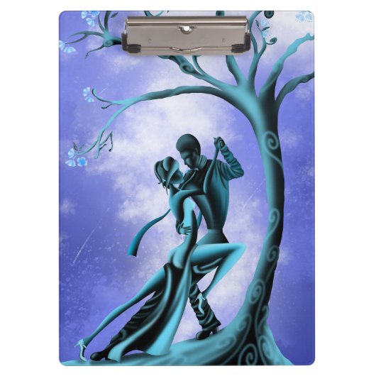 Romantisch paar dat de tango danst blauw klembord (Voorkant)