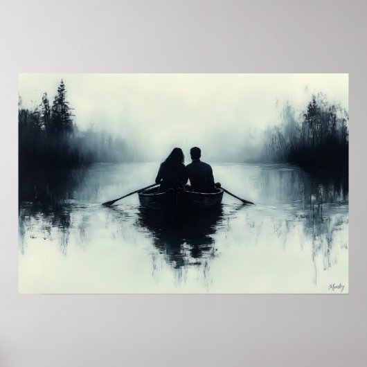 Romantisch Paar dat Roeit in een Nevelig Meer Mini Poster (Voorkant)