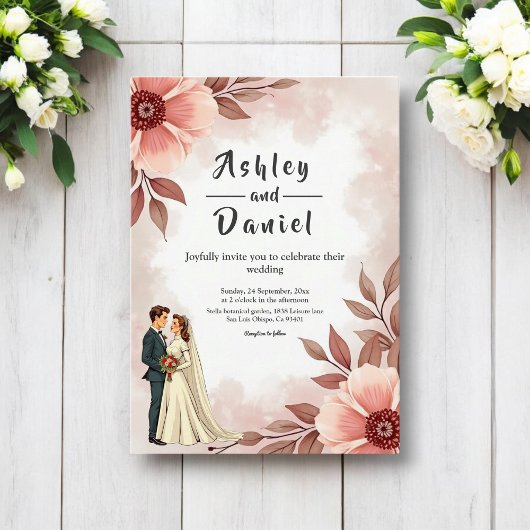 Romantisch paar Dusty Waterverf Bloemenbruiloft Kaart