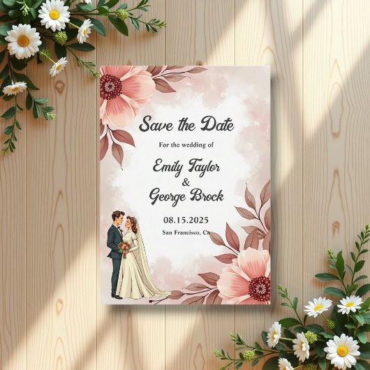 Romantisch paar Dusty Waterverf Bloemenbruiloft Save The Date