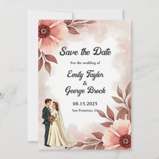 Romantisch paar Dusty Waterverf Bloemenbruiloft Save The Date (Voorkant)