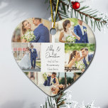 Romantisch paar Fotocollage Hart Kerstmis Keramisch Ornament<br><div class="desc">Dit prachtige pasgetrouwde paar houdt hartvormige kerstversiering cadeau is voorzien van een stijlvolle lay-out van 5 trouwfoto's op een witte achtergrond met de namen, locatie en datum van het getrouwde paar. Een prachtig herdenkingsgeschenk voor uw vrouw of man om voor altijd te koesteren. Voeg een volledige foto toe op de...</div>