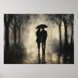 Romantisch Paar in de Regen – Minimalistische Hout Poster