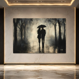 Romantisch Paar in de Regen – Minimalistische Hout Poster