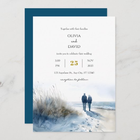 Romantisch paar maanlicht strandwandeling bruiloft kaart (Voorkant / Achterkant)