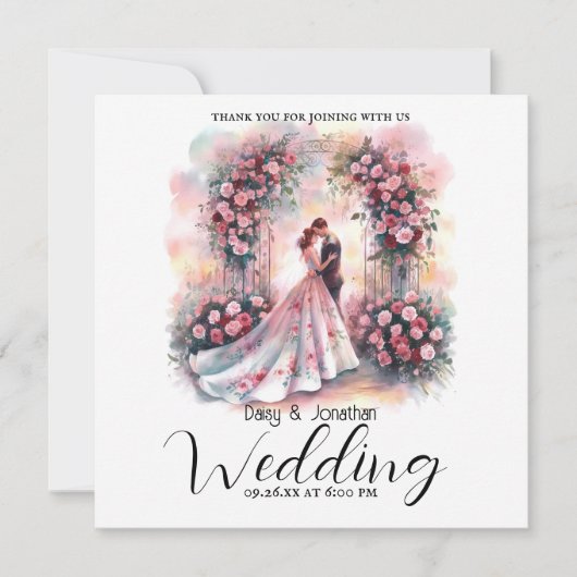 Romantisch paar onder bloemenboog bruiloft bedankkaart (Voorkant)