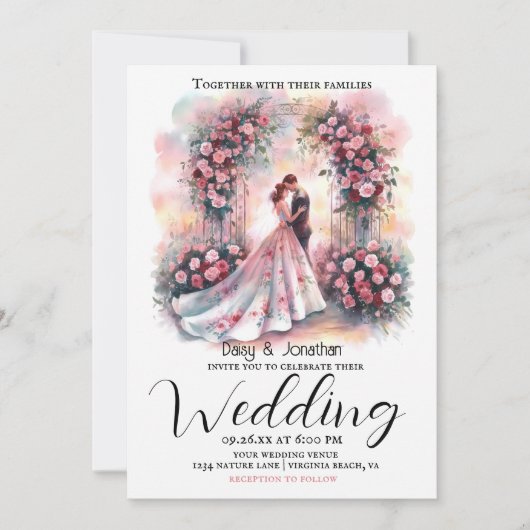 Romantisch paar onder bloemenboog bruiloft kaart (Voorkant)