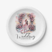 Romantisch paar onder bloemenboog bruiloft papieren bordje (Voorkant)