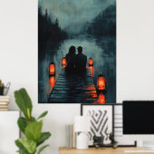 Romantisch paar op dok met lantaarn gloed poster (Thuiskantoor)