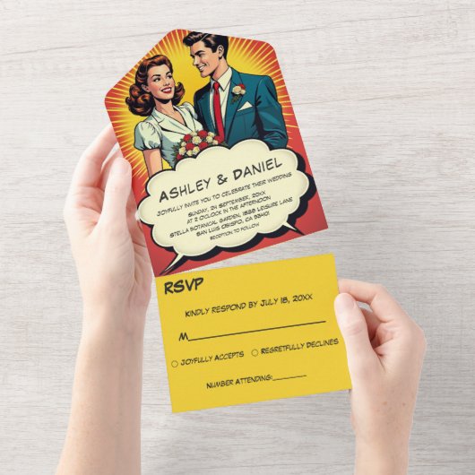  Romantisch paar Retro Comic Style Wedding All In One Uitnodiging (Afscheurbaar)