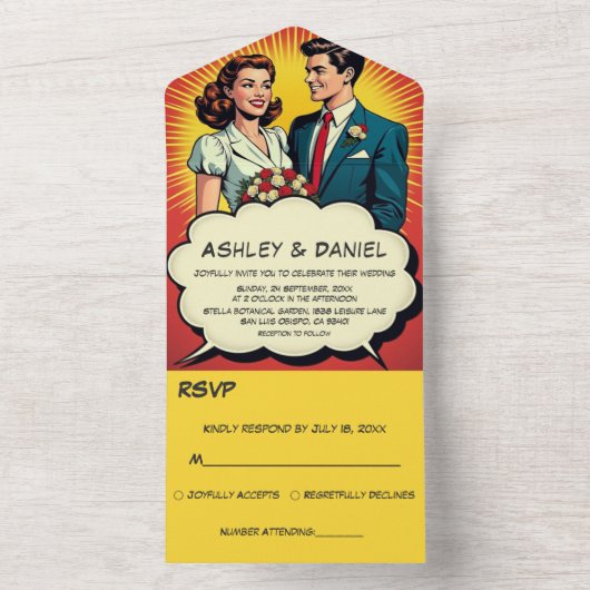  Romantisch paar Retro Comic Style Wedding All In One Uitnodiging (Binnen)