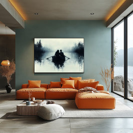 Romantisch paar roeien in een mistig meer minimali poster