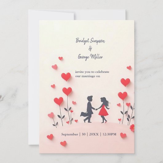Romantisch paar Silhouette rode harten bruiloft (Voorkant)