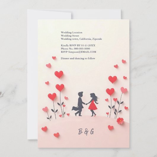 Romantisch paar Silhouette rode harten bruiloft (Achterkant)