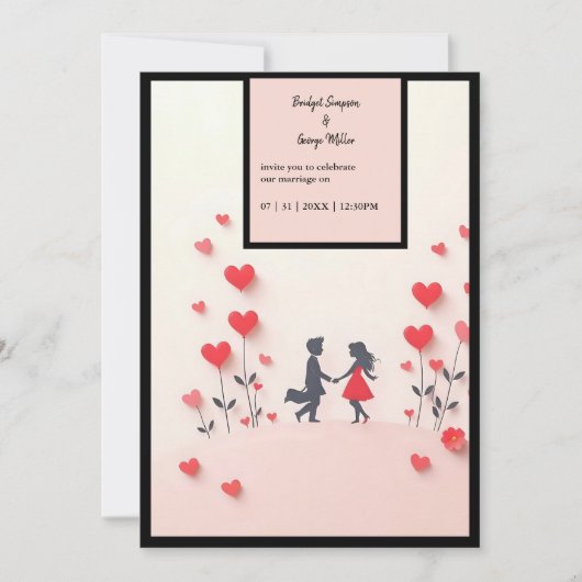 Romantisch paar Silhouette rode harten bruiloft Kaart (Voorkant)