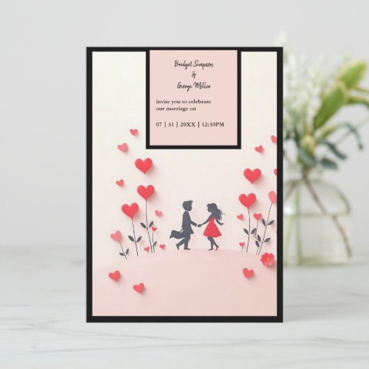 Romantisch paar Silhouette rode harten bruiloft Kaart (Staand voorkant)