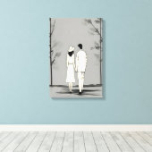 Romantisch paar wandelen minimalistische lijnkunst canvas afdruk (Insitu (Houten vloer))