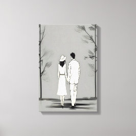 Romantisch paar wandelen minimalistische lijnkunst canvas afdruk
