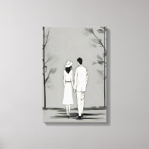 Romantisch paar wandelen minimalistische lijnkunst canvas afdruk