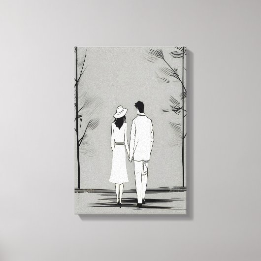 Romantisch paar wandelen minimalistische lijnkunst canvas afdruk (Voorkant)