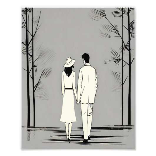 Romantisch paar wandelen minimalistische lijnkunst foto afdruk (Voorkant)