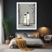 Romantisch paar wandelen minimalistische lijnkunst perfect poster