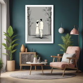 Romantisch paar wandelen minimalistische lijnkunst poster