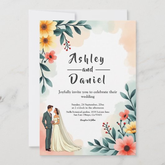 Romantisch paar Waterverf Bloemen Zomer Huwelijk Kaart (Voorkant)