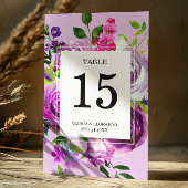 Romantisch paars bloemig trouwtafel nummer kaart
