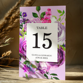 Romantisch paars bloemig trouwtafel nummer kaart