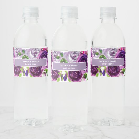 Romantisch Paars Bloemmotief Waterfles Etiket (Flessen)