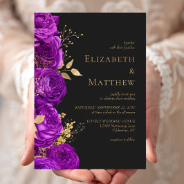 Romantisch Paars Goud Donker Bloemen Bruiloft Kaart
